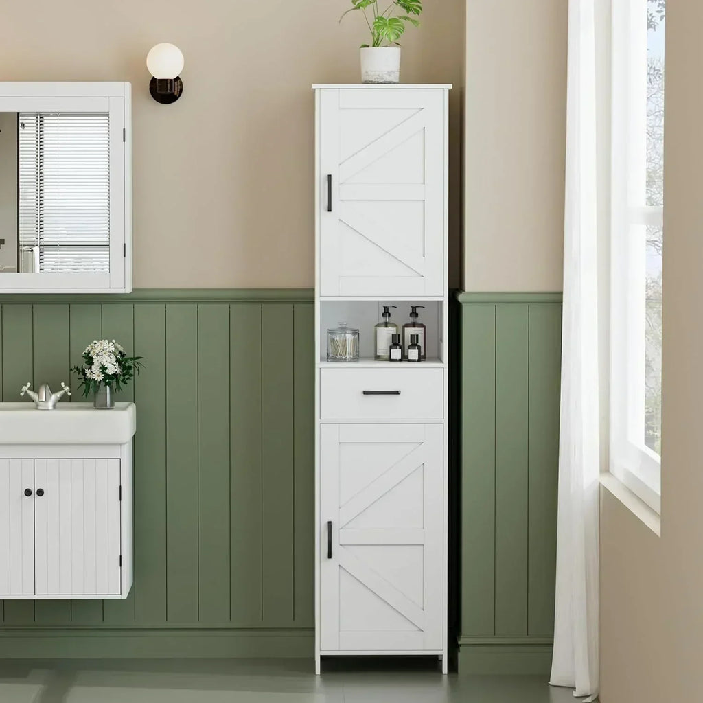 Homhedy 67" H Tall Bathroom Storage Cabinet with 2 Barn Doors and 1 Drawer Narrow Storage Unit wourant