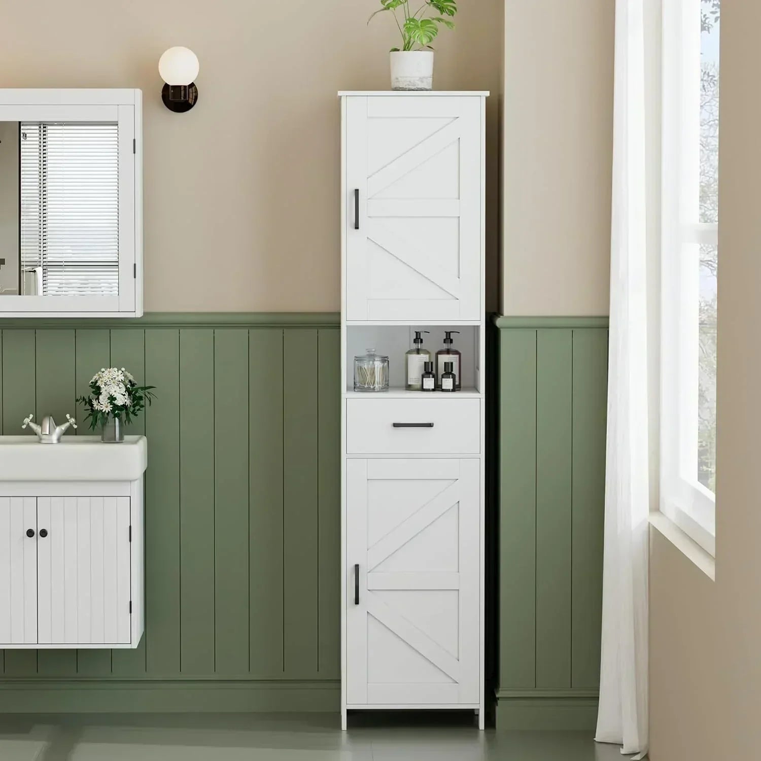 Homhedy 67" H Tall Bathroom Storage Cabinet with 2 Barn Doors and 1 Drawer Narrow Storage Unit wourant