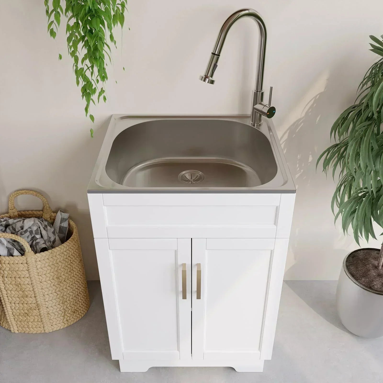 Laundry Sink Cabinet with Stainless Steel Sink and Pull-Down Faucet Utility Sink wourant