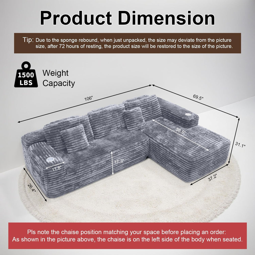 Cloud Sectional Couch with L Shape Chaise Modern Modular Sofa with Deep Seat Built in Cup Holder wourant