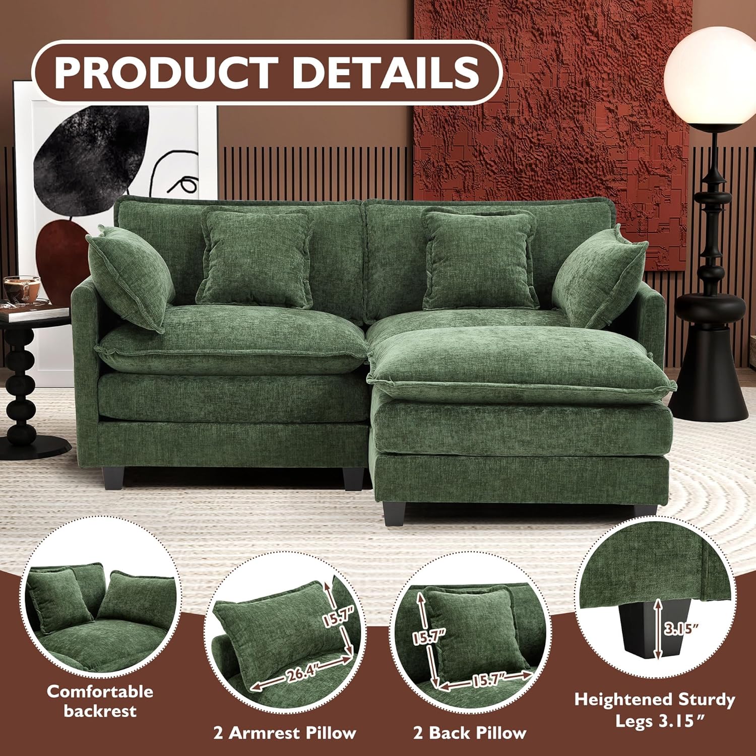 111.4 Inch L Shaped Modern Sofa Modular Cloud Sofa with Ottoman 4 Seater Chenille Deep Seat Sofa wourant