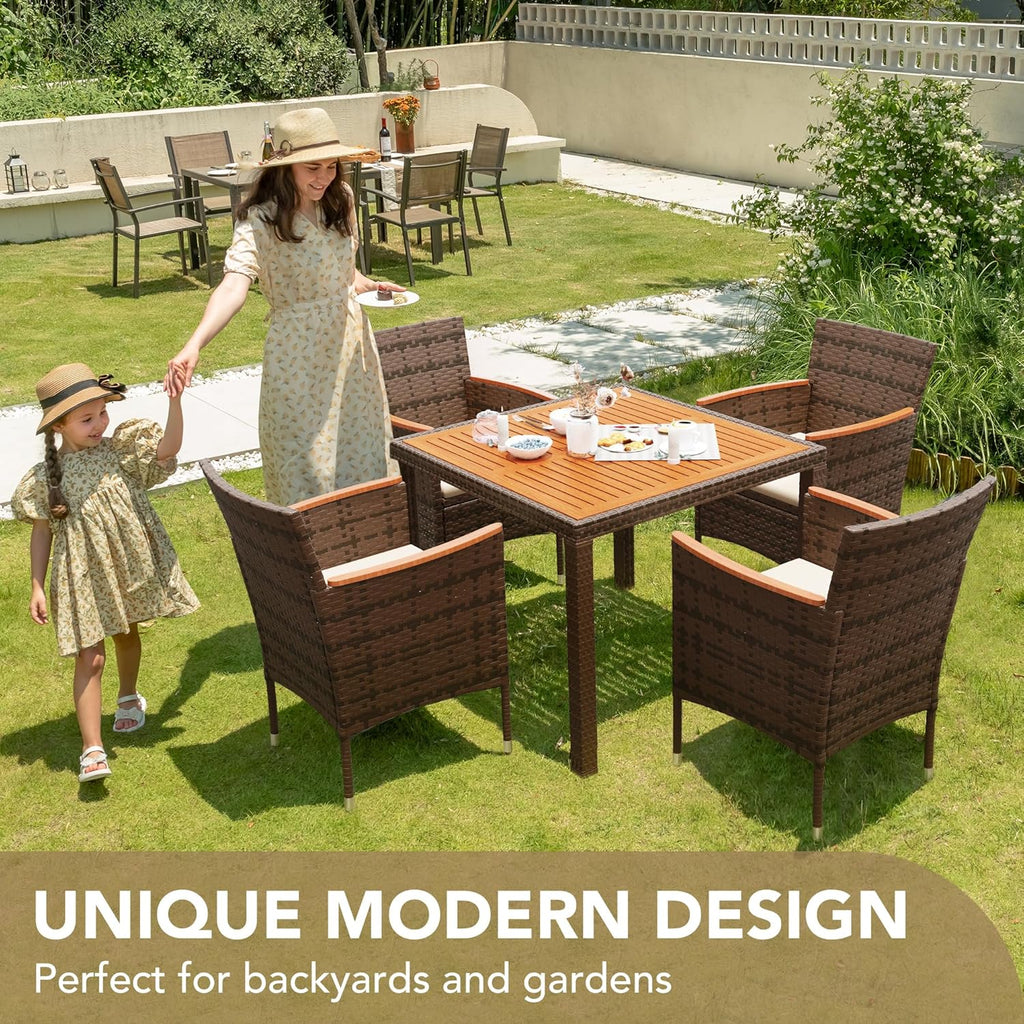 Devoko Dining 7 PCS Furniture Patio Conversation Set with Acacia Wood Table Top Rattan Outdoor wourant