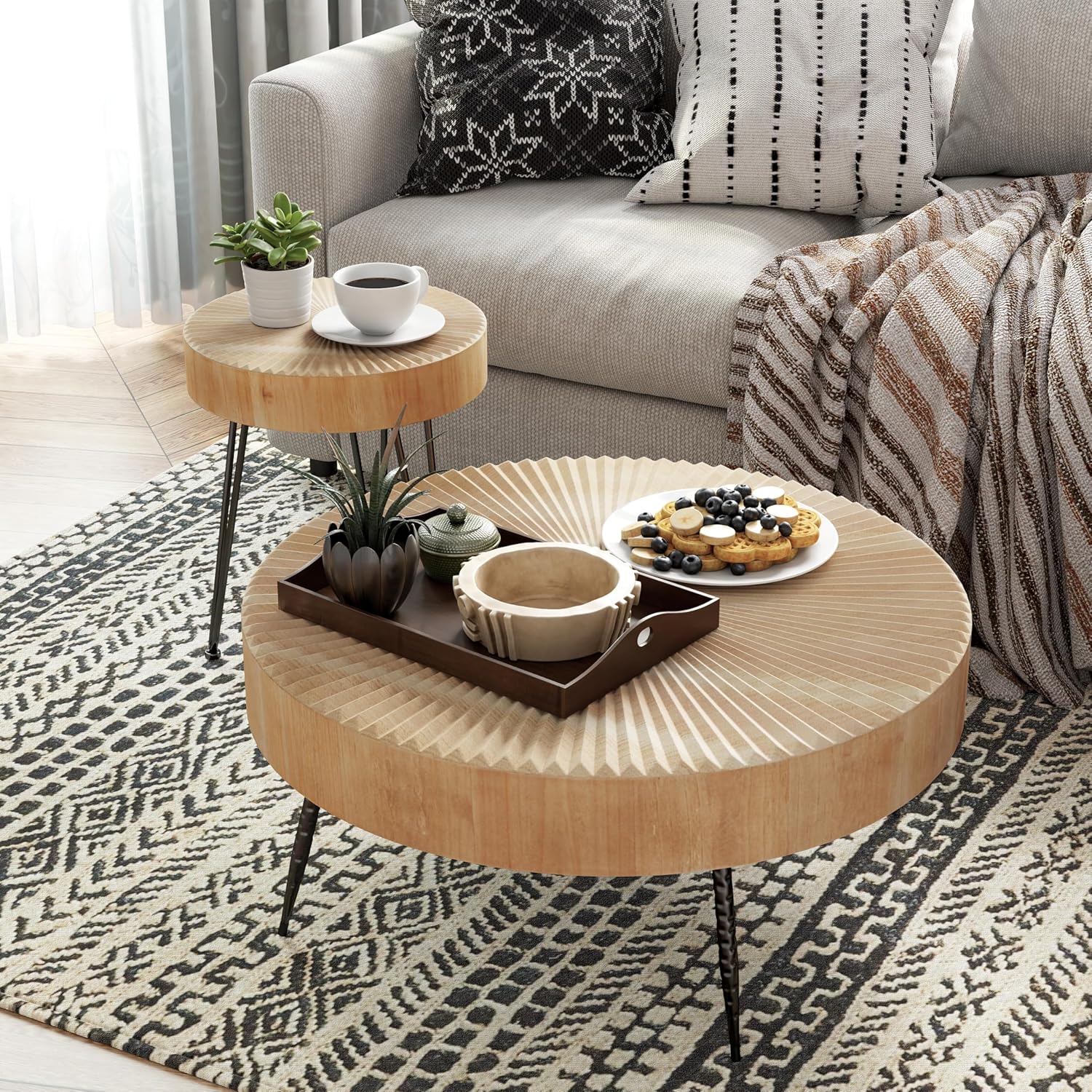 Two-Piece Modern Farmhouse Living Room Coffee Table Set Round Nesting Tables wourant
