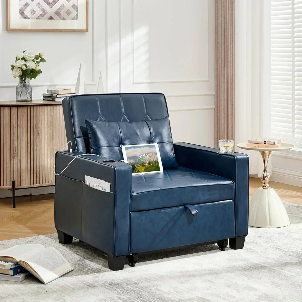 Adult Convertible Sleeper Chair Bed 3-in-1 Pull-Out Sofa Bed with USB/Type-C Ports Cup Holders wourant