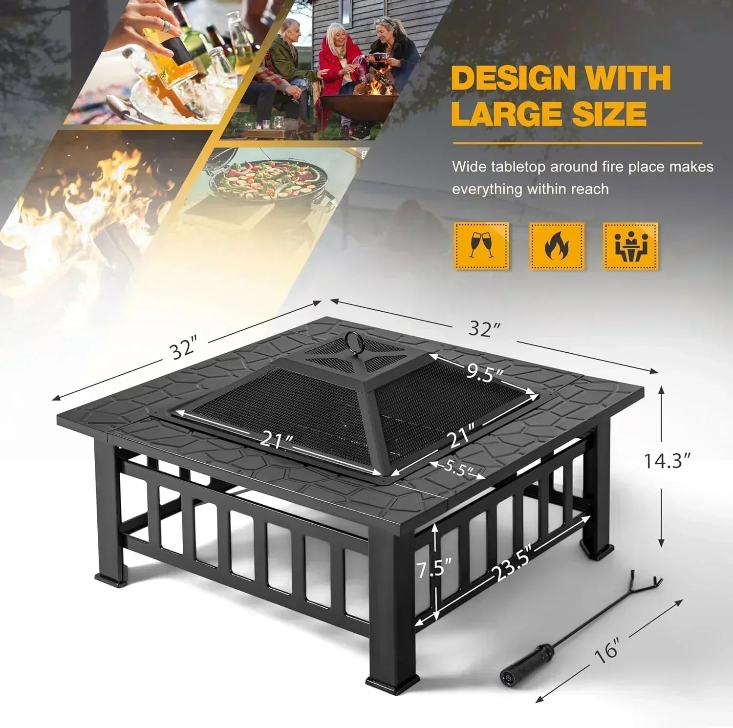 Devoko Outdoor Fire Pit 32 Inch Firepit Table Metal Outdoor Fireplaces with Waterproof Cover wourant