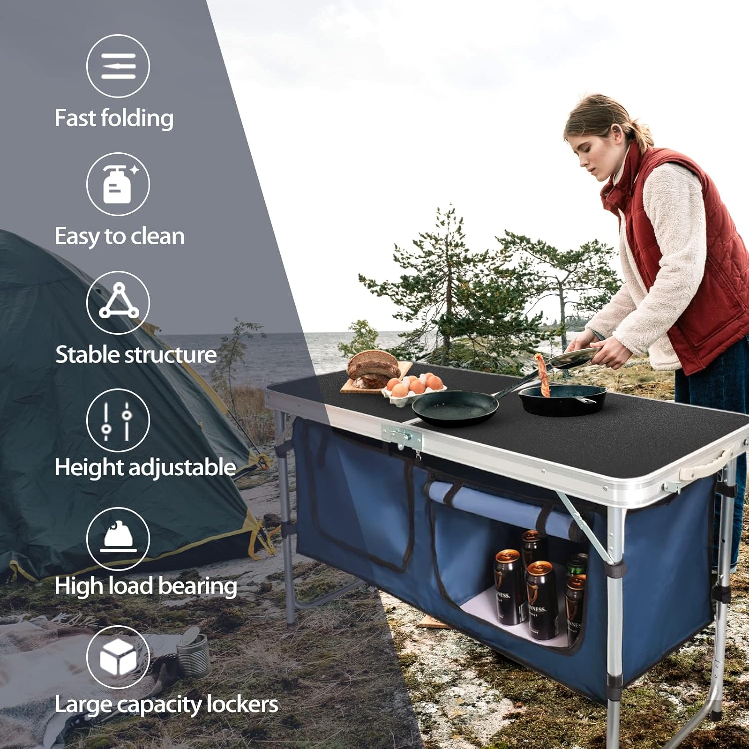 Outdoor Folding Table Aluminum Lightweight Height Adjustable with Storage Organizer wourant