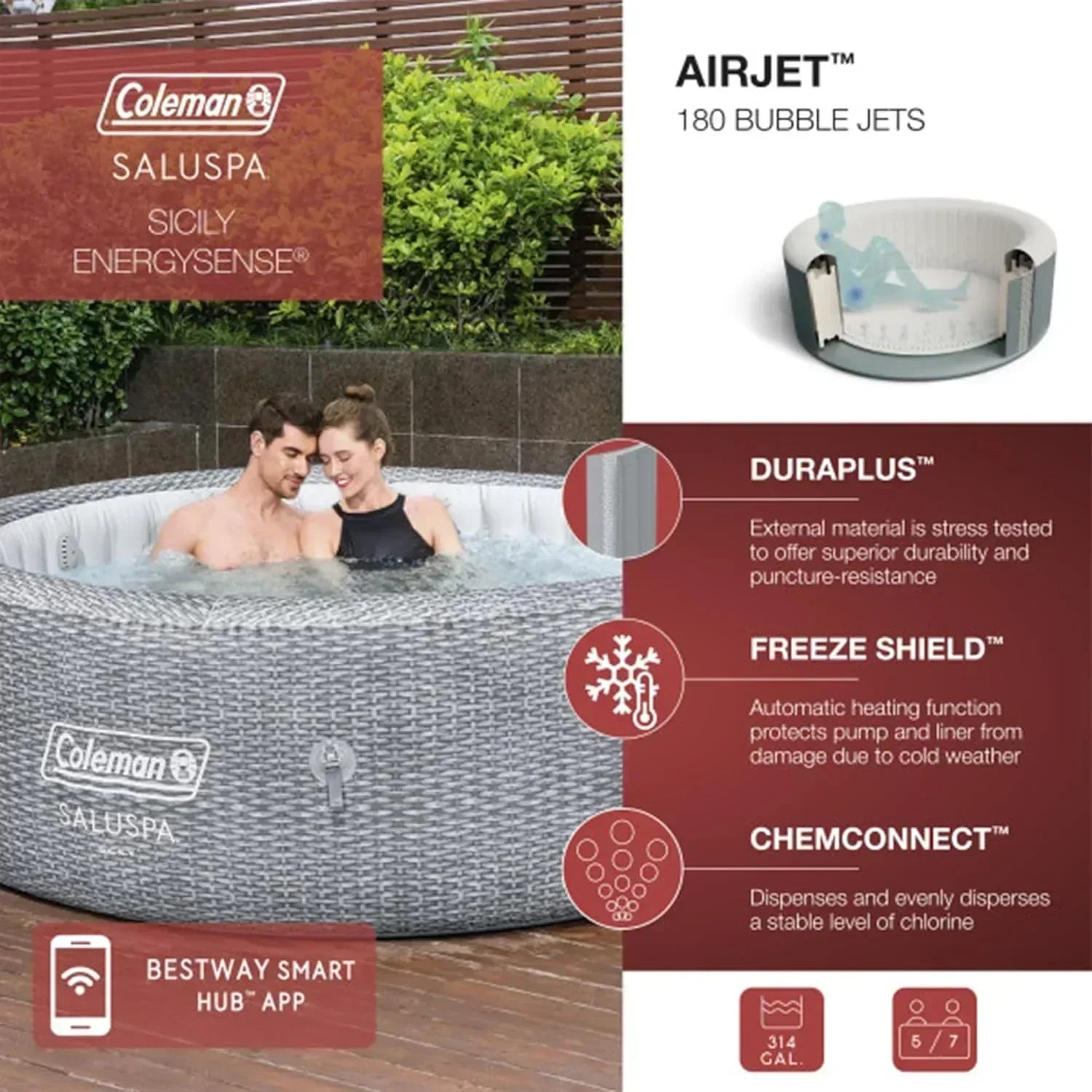 SaluSpa Sicily AirJet 7 Person Inflatable Hot Tub Round Portable Outdoor Spa 180 Soothing AirJets wourant