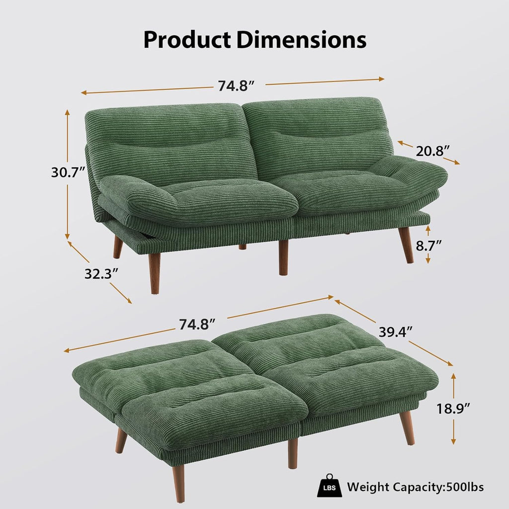 Convertible Futon Sofa Bed 66 Inch Corduroy Futon Sofa Recliner Sofa Bed for Small Spaces wourant
