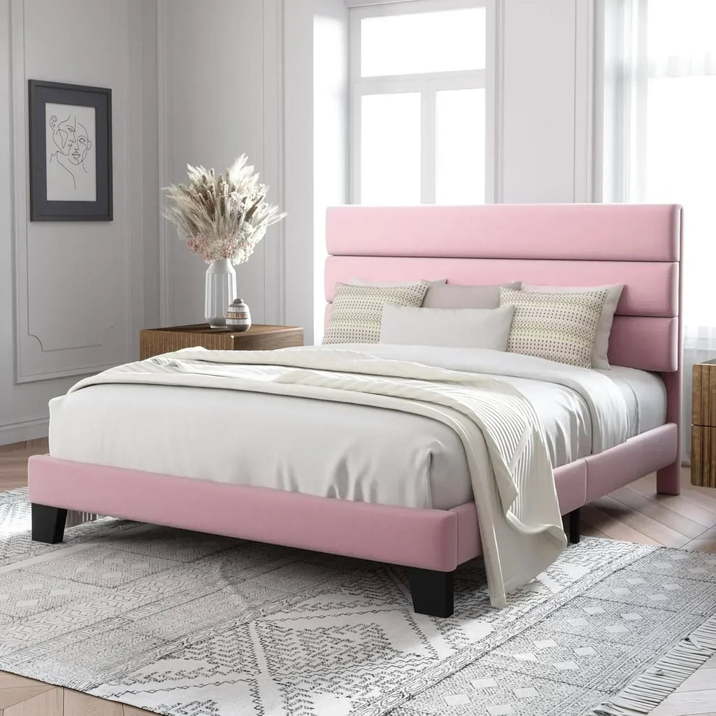 Allewie Queen Size Platform Bed Frame with Fabric Upholstered Headboard Wooden Slats Support wourant