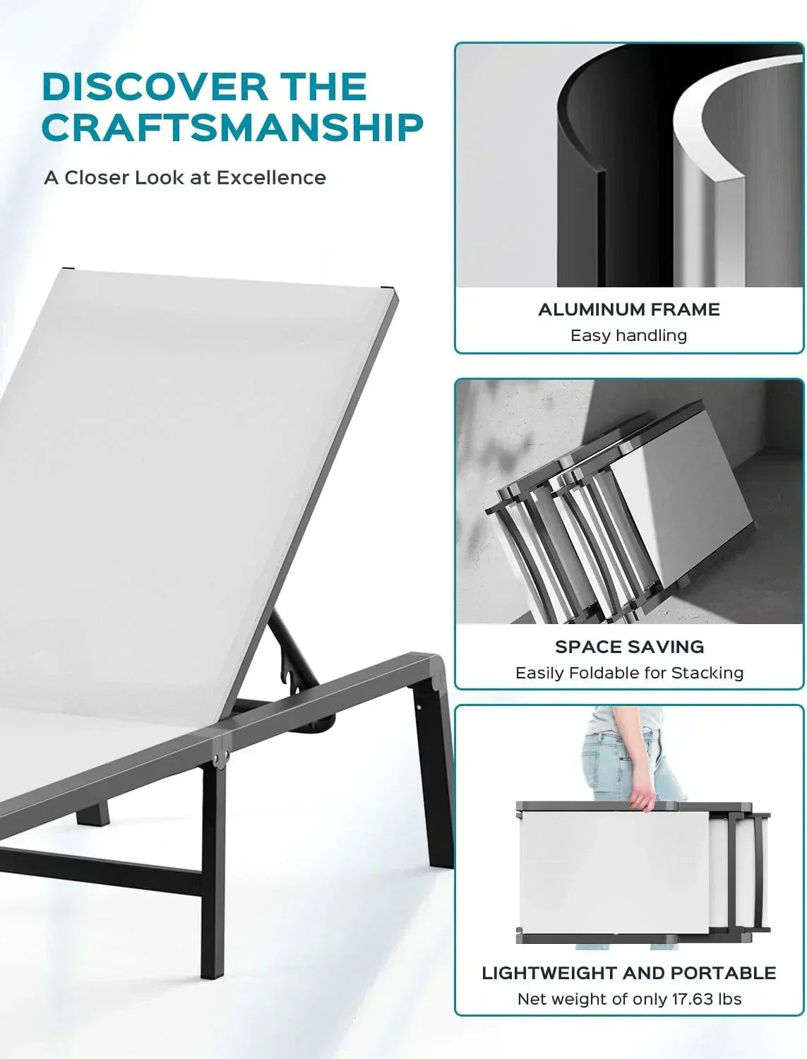 Aluminum Chaise Lounge Outdoor Foldable Assemble Free Outdoor Lounge Chair 5 Adjustable Backrest wourant