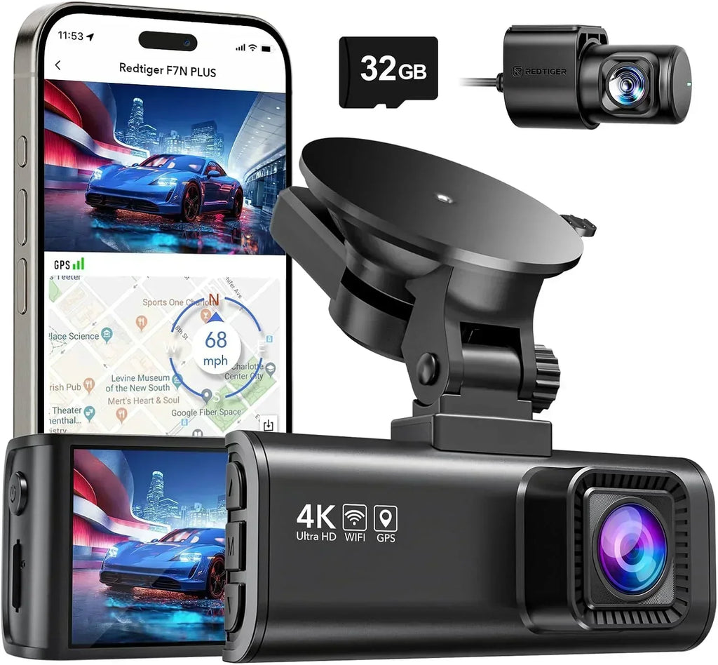 Dash Cam Front Rear 4K/2.5K Full HD Dash Camera for Cars Included 32GB Card Built-in Wi-Fi GPS wourant