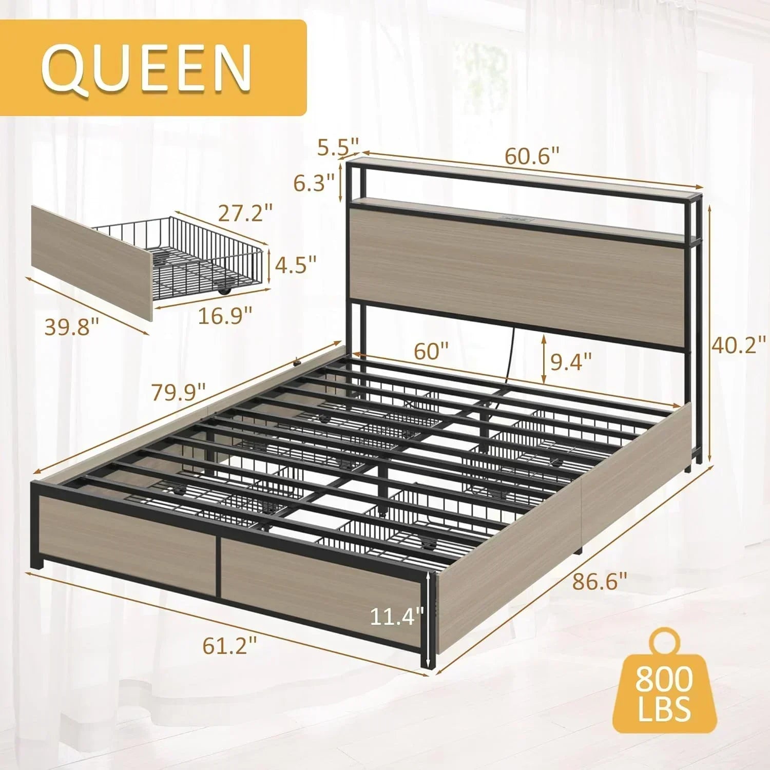 Lifezone Queen Bed Frame 2-Tier Storage Headboard Metal Platform Bed Frame 4 Storage Drawers wourant