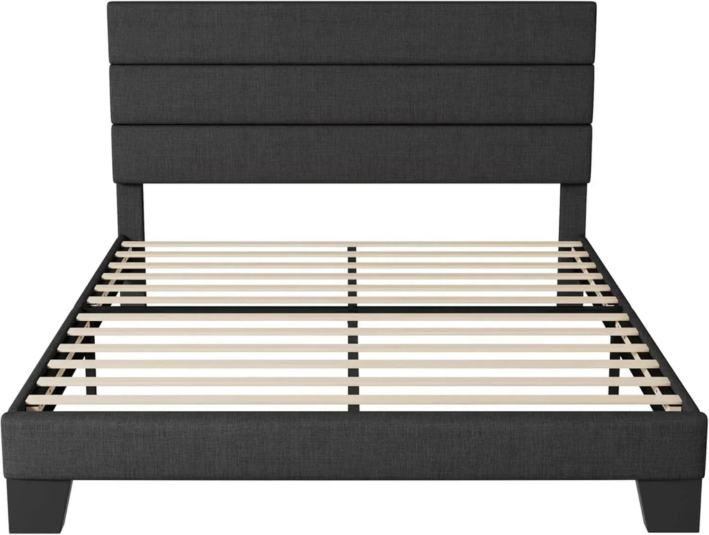 Allewie Queen Size Platform Bed Frame with Fabric Upholstered Headboard Wooden Slats Support wourant