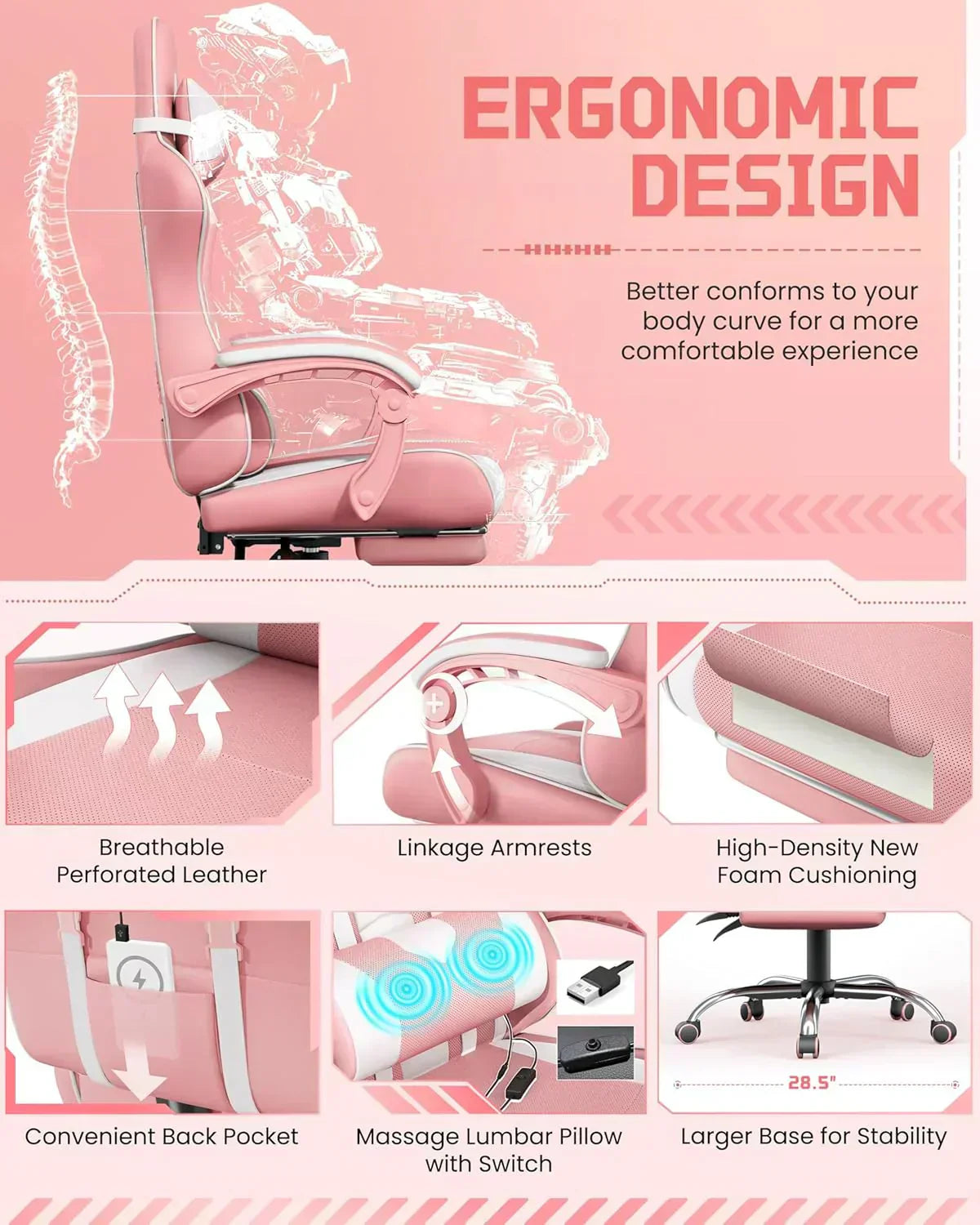 Gaming Chair with Massage Lumbar Support and Footrest Height Office Gaming Chair wourant