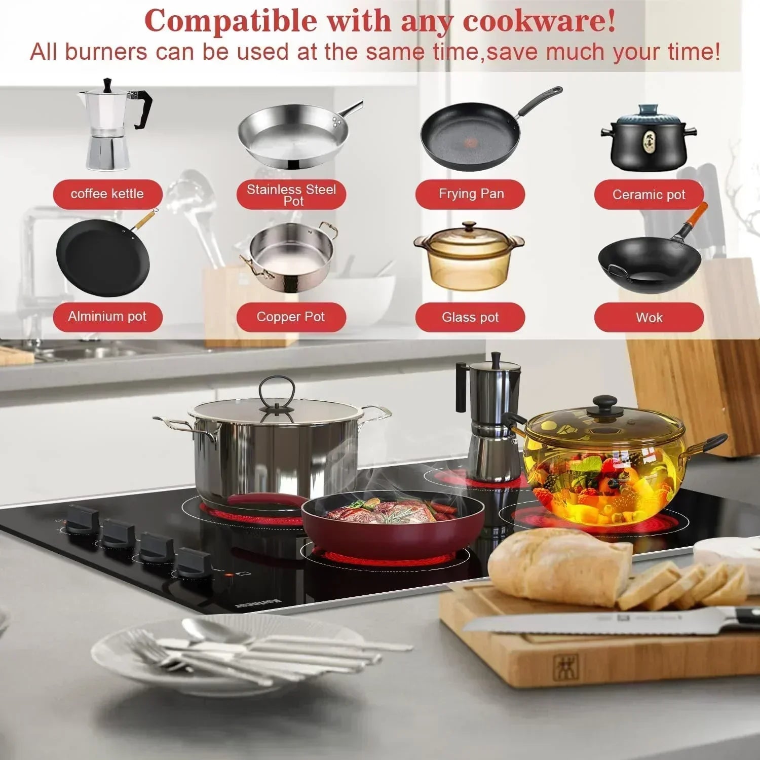 Karinear 30 Inch Electric Cooktop 4 Burners Built-in Ceramic Cooktop Radiant Electric Stove Top wourant