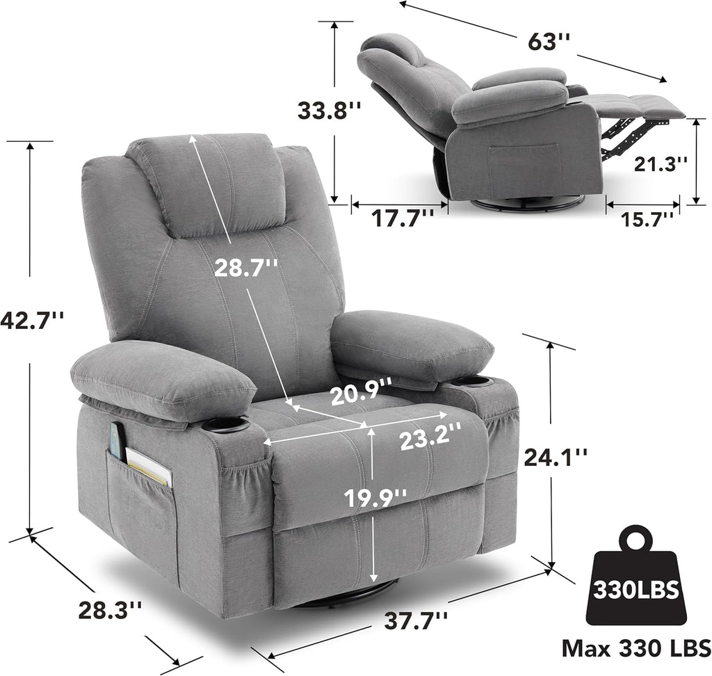 Large Swivel Rocking Recliner with Massage Function 360 Degree Swivel Rocking Single Sofa wourant