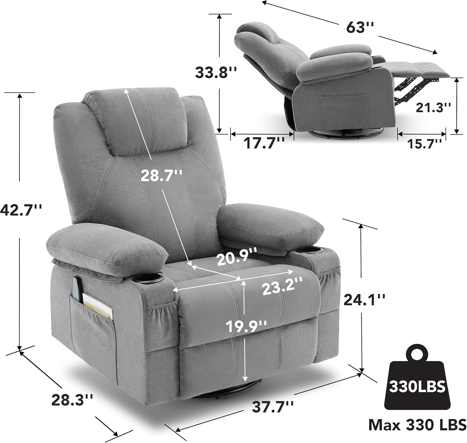 Large Swivel Rocking Recliner with Massage Function 360 Degree Swivel Rocking Single Sofa wourant