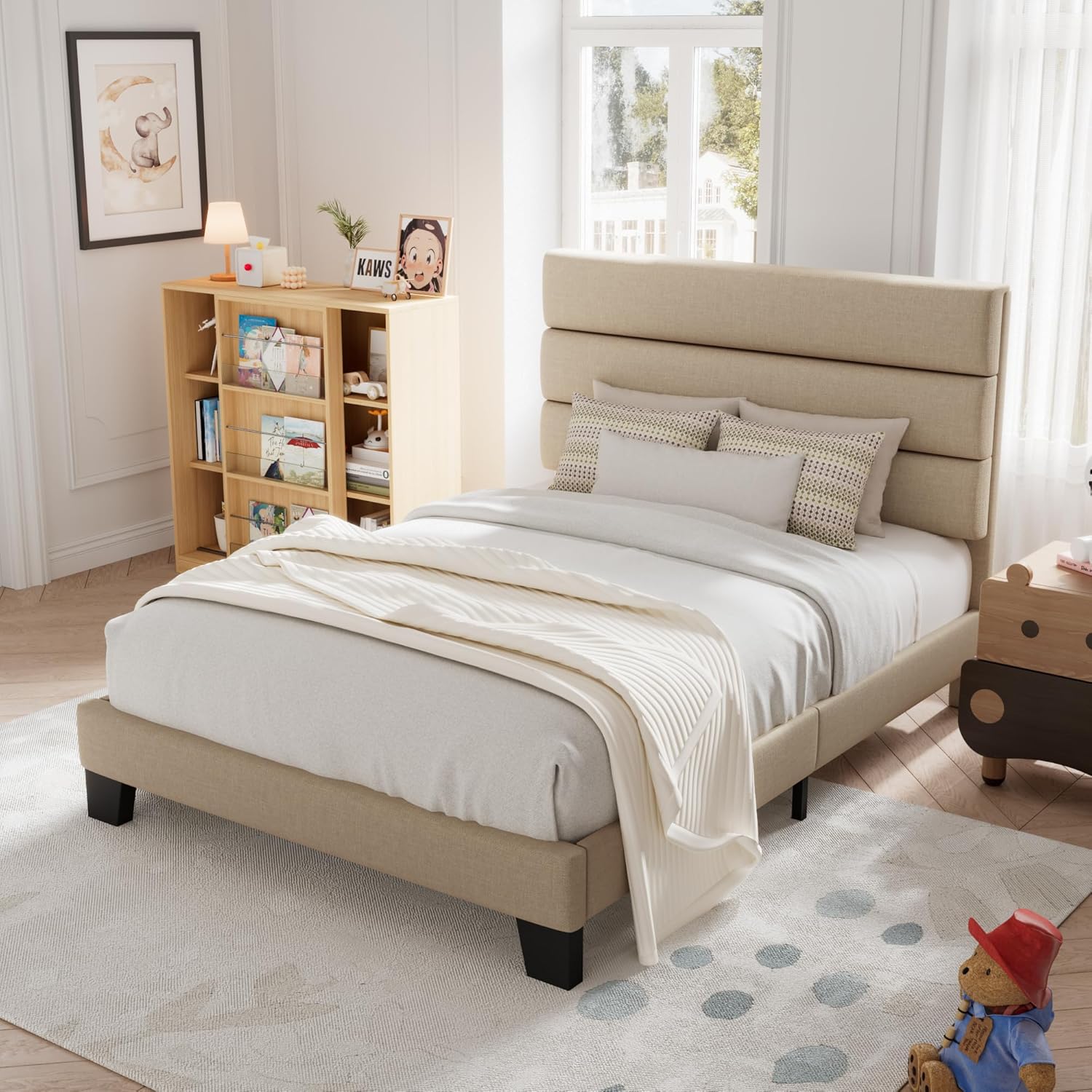 Allewie Queen Size Platform Bed Frame with Fabric Upholstered Headboard Wooden Slats Support wourant