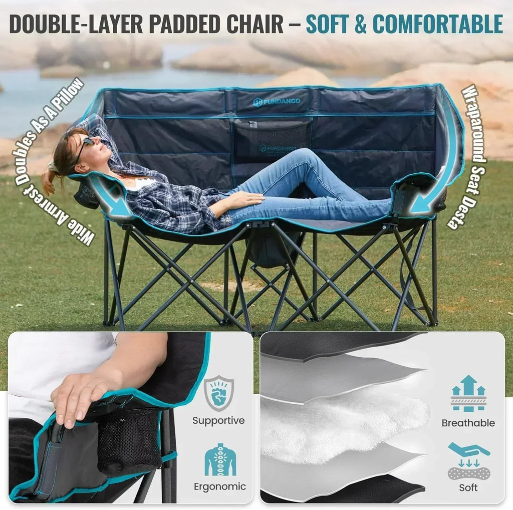 Double Camping Chair Cooler 3-Person Folding Extra Large Camping Chair 1000-Pound Capacity wourant