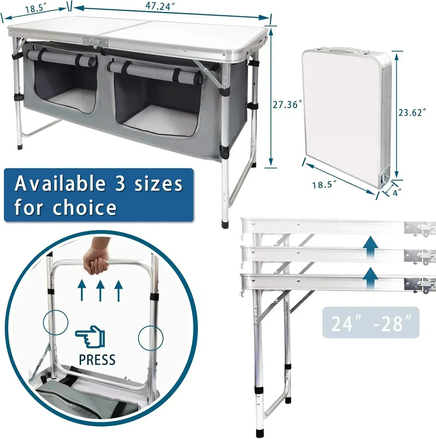 Outdoor Folding Table Aluminum Lightweight Height Adjustable with Storage Organizer wourant