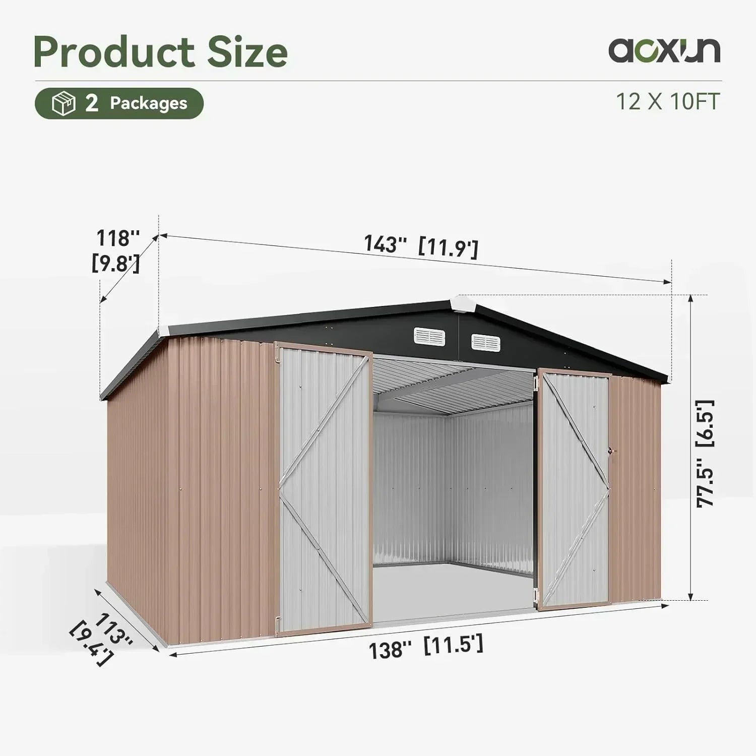 Aoxun 12x10 FT Shed Metal Outdoor Waterproof Storage Shed Steel Utility Garden Tool Shed wourant