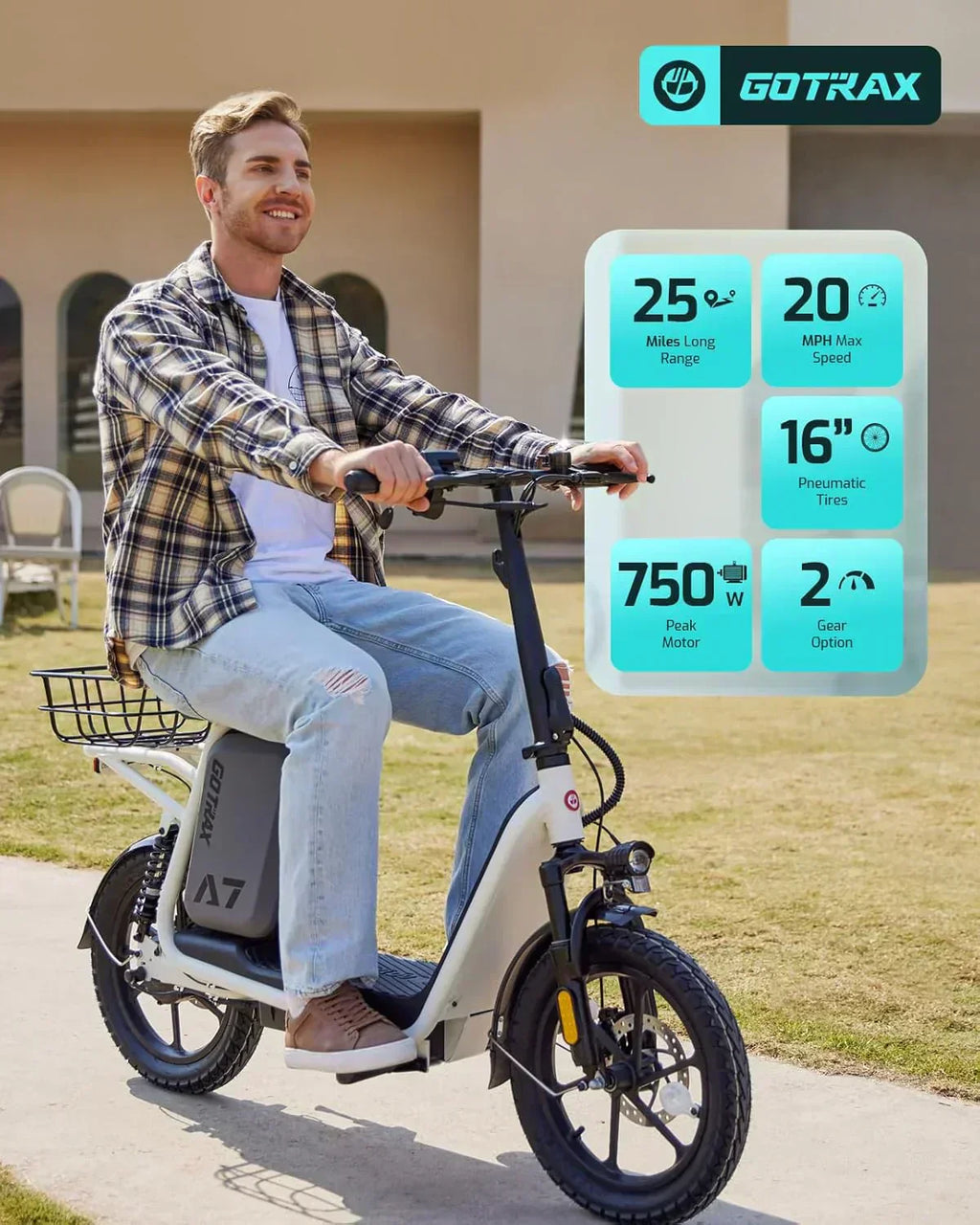 Gotrax adult electric scooter with seat maximum range of 19-25 miles all-terrain tires wide pedals wourant