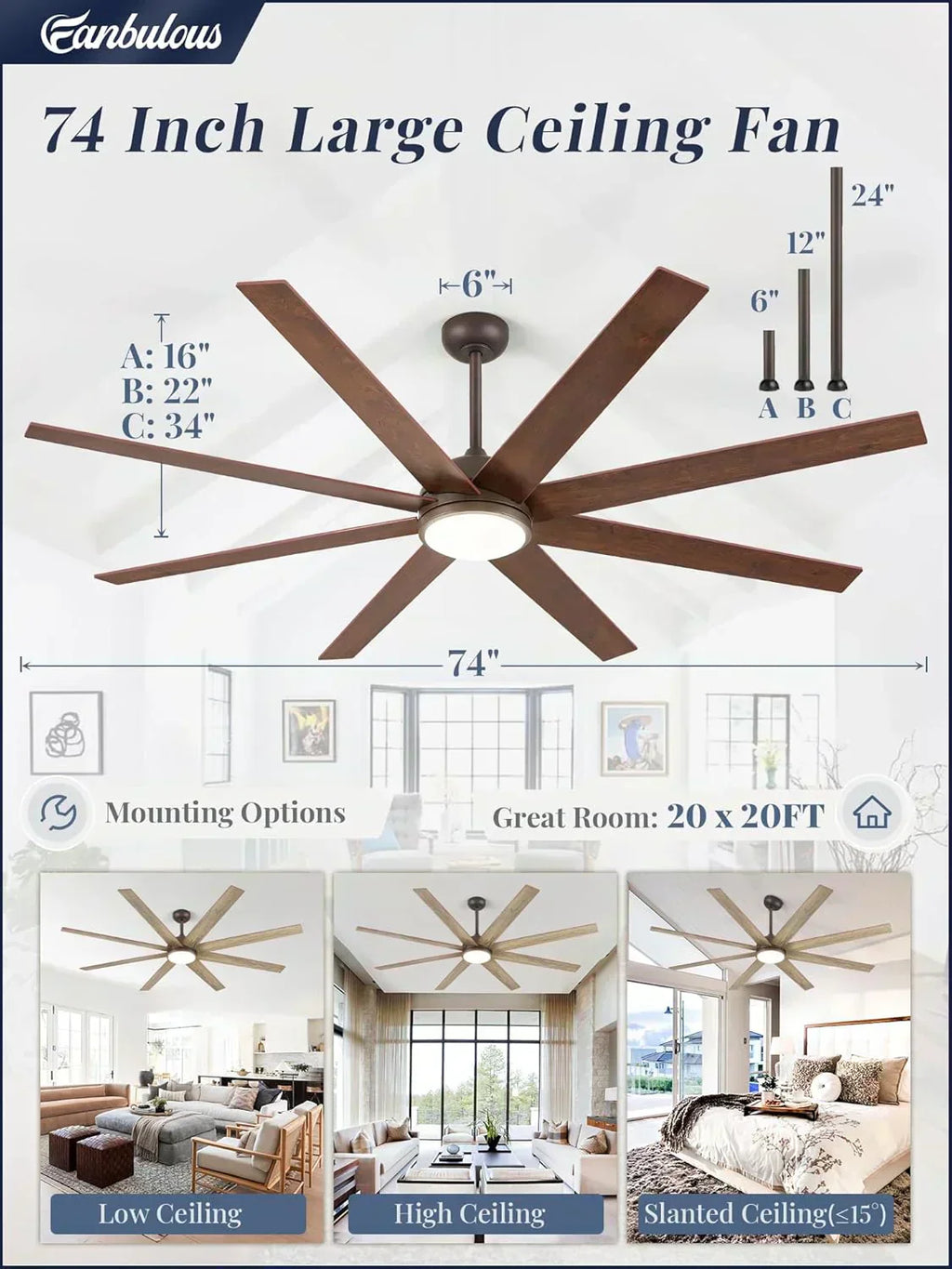 Ceiling Fan Indoor/Outdoor 8 Blades 65 inches wourant