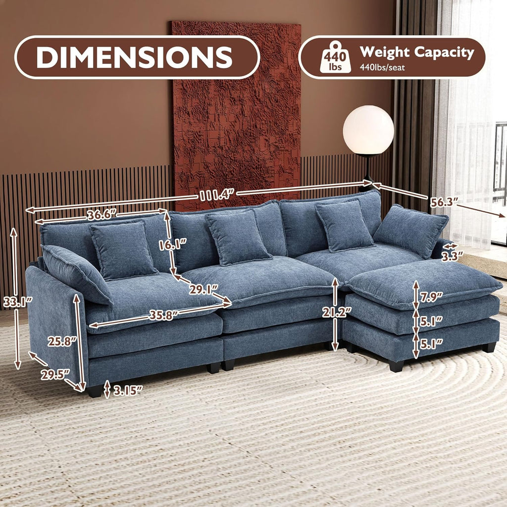 111.4 Inch L Shaped Modern Sofa Modular Cloud Sofa with Ottoman 4 Seater Chenille Deep Seat Sofa wourant