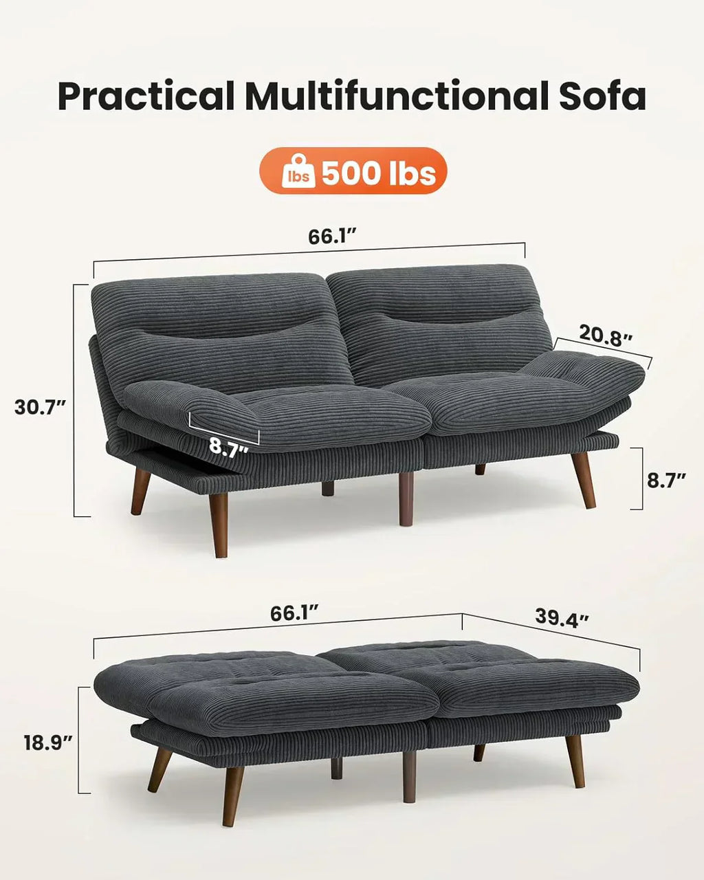 Convertible Futon Sofa Bed 66 Inch Corduroy Futon Sofa Recliner Sofa Bed for Small Spaces wourant