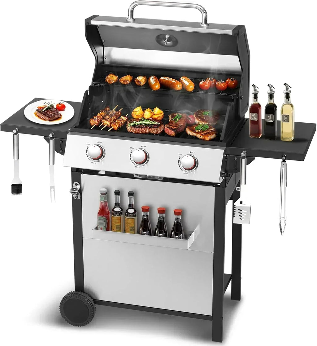 3-Burner Propane Gas Grill 30,000 BTU Output Double-layer Stainless Steel Grill Lid Cooking Grids wourant