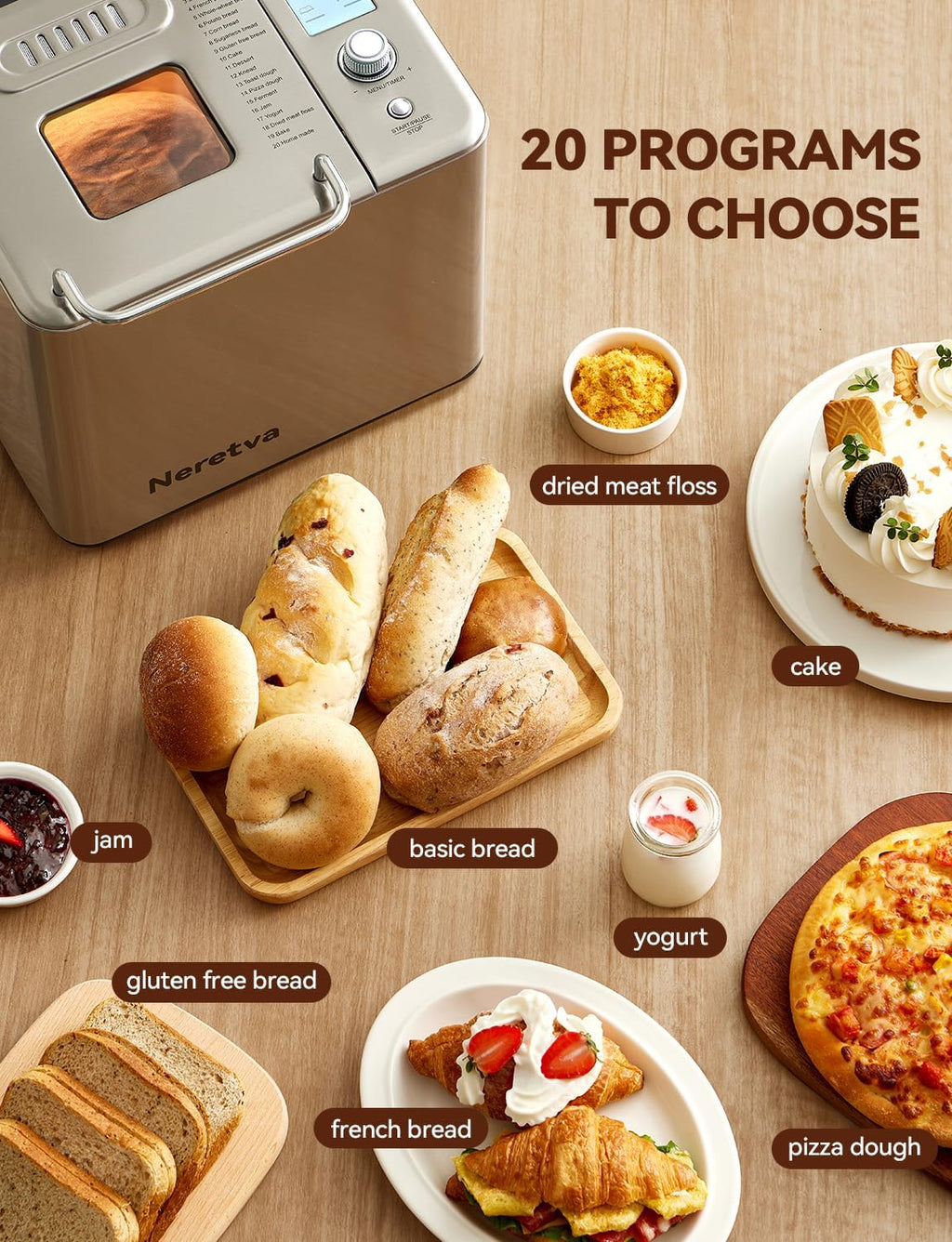 Neretva Bread Maker 20-in-1 2LB Bread Maker Dual Heater Bread Maker Automatic wourant
