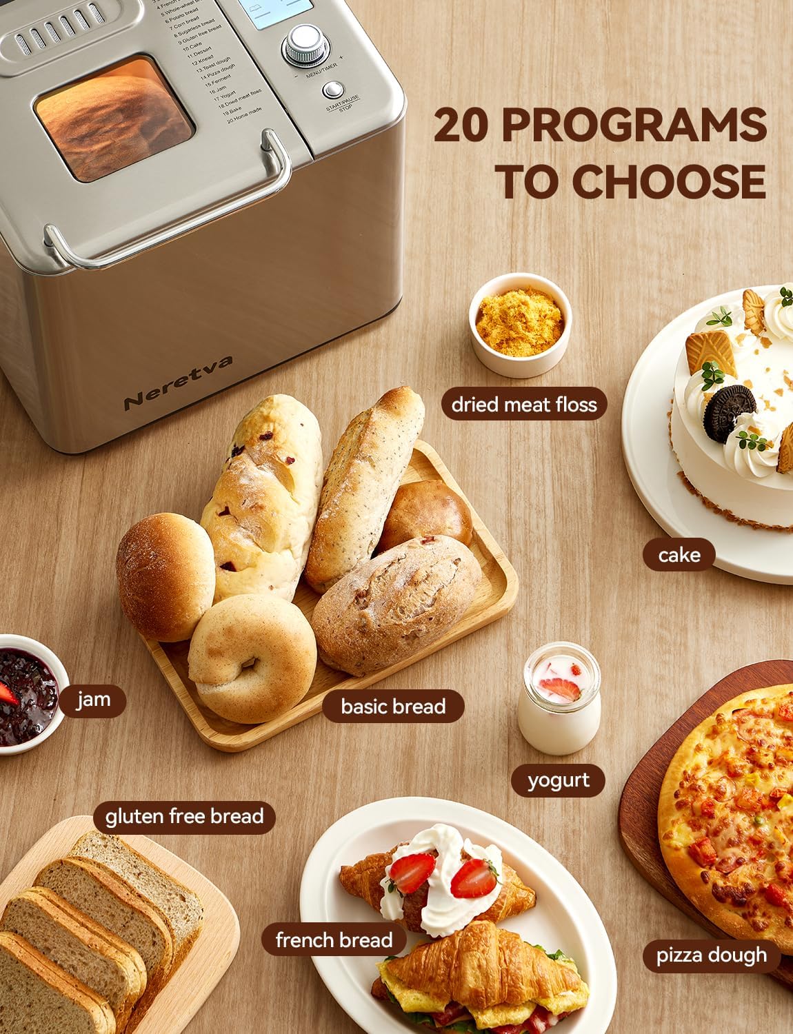 Neretva Bread Maker 20-in-1 2LB Bread Maker Dual Heater Bread Maker Automatic wourant