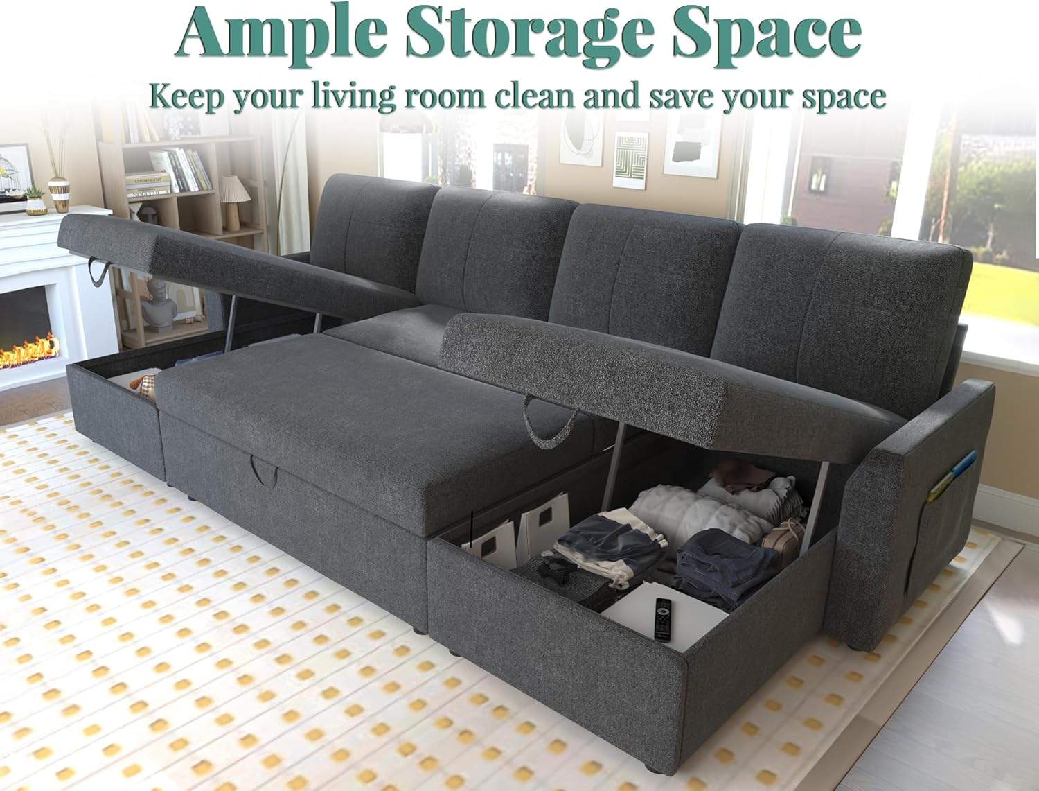 VanAcc Sofa Bed Sleeper Sofa with Storage Chaise 2 in 1 Pull Out Couch Living Room wourant