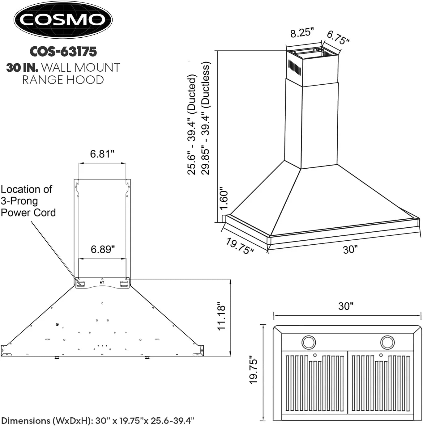 COSMO 30" Vista Series 380 CFM Ducted Wall-Mount Range Hood wourant