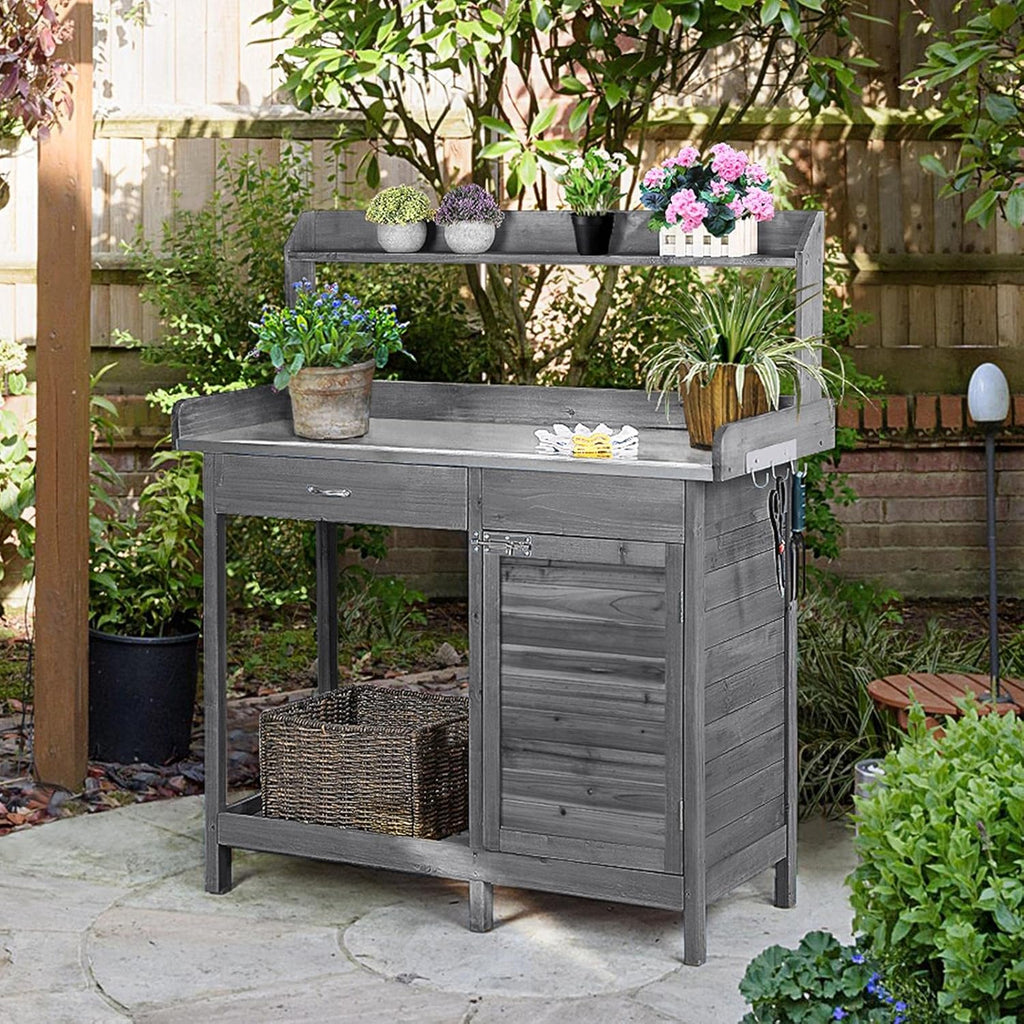 Yaheetech Outdoor Garden Potting Bench Table Work Bench Metal Tabletop Cabinet Drawer wourant