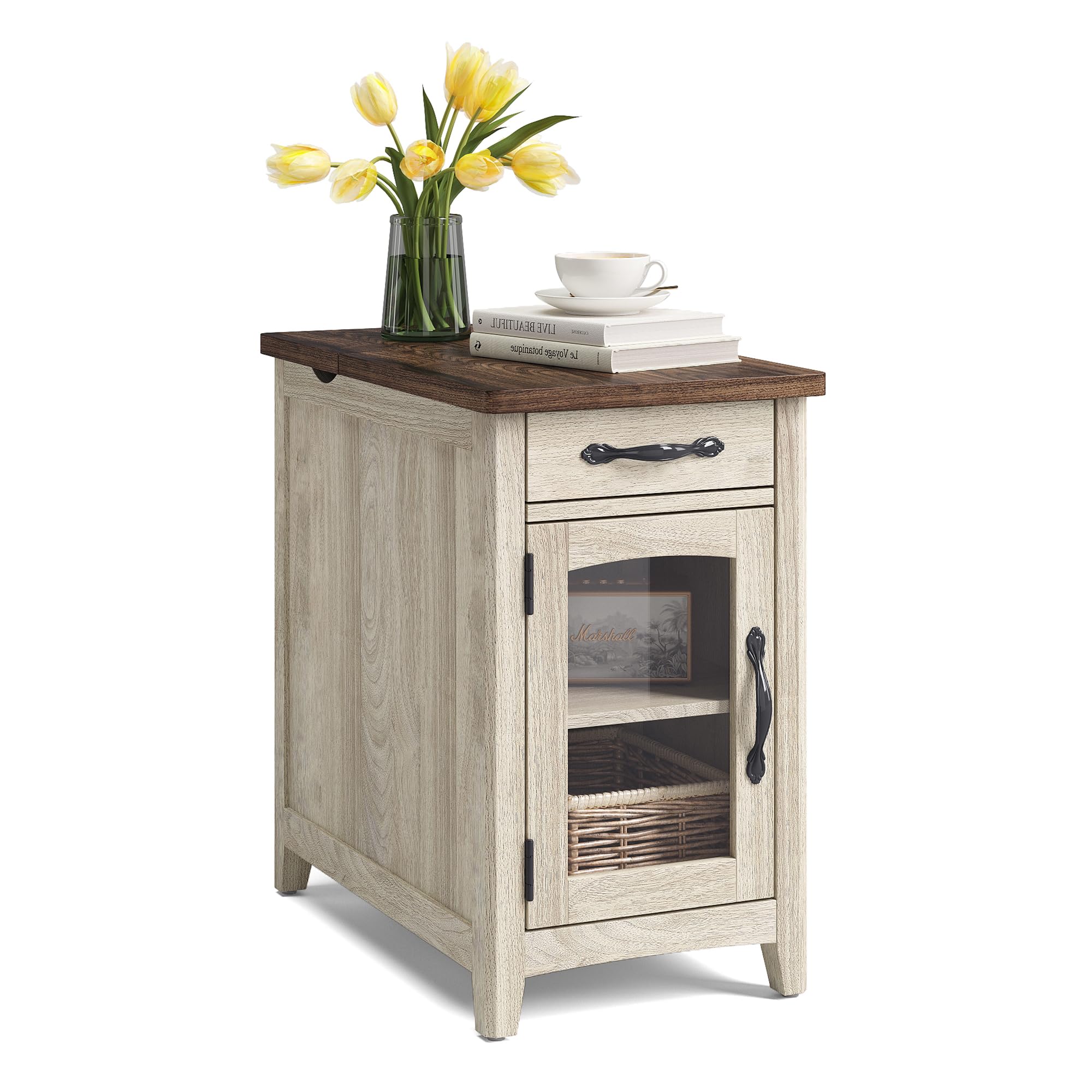 End Table with Charging Station Side Table for Bedroom with Drawer and Detachable Holder wourant