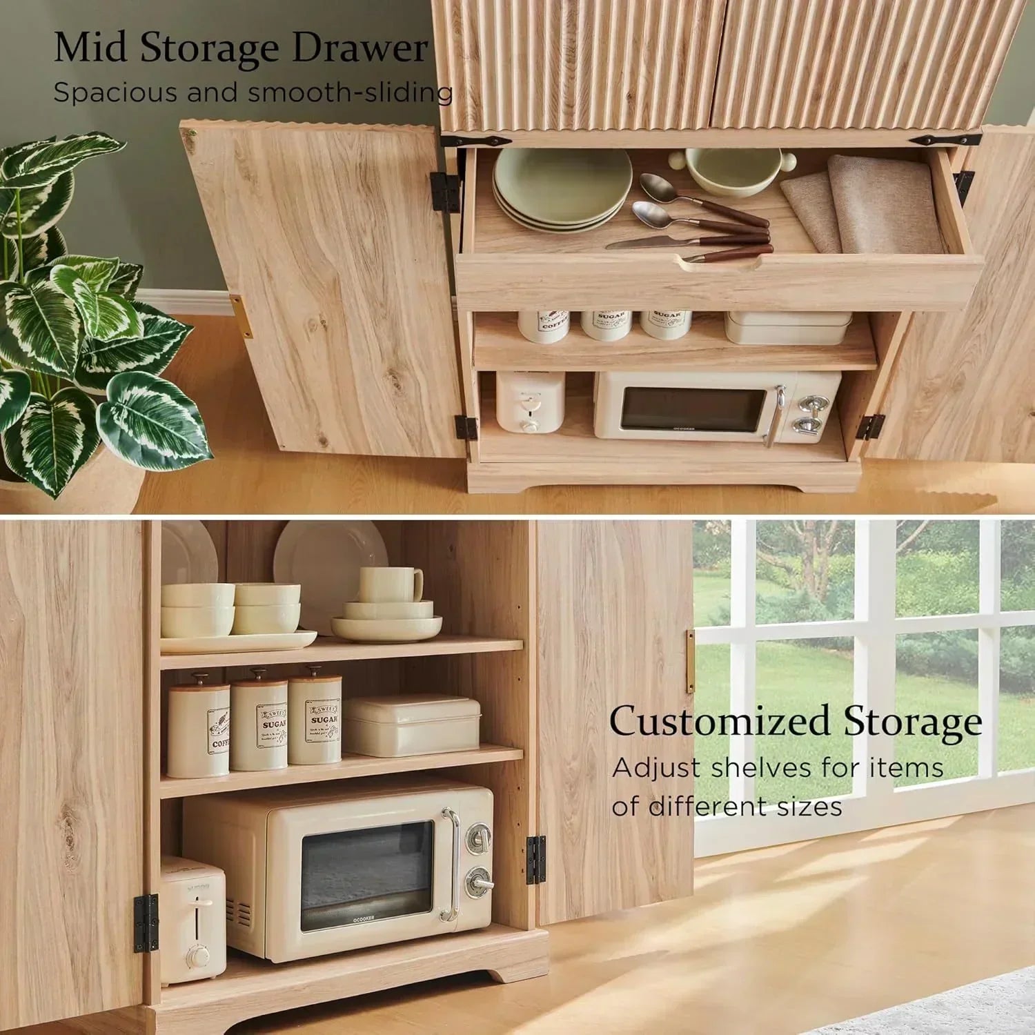 Fluted Pantry Cabinet 72" Tall Modern Storage Cabinet with 4 Doors Organizer Drawer wourant