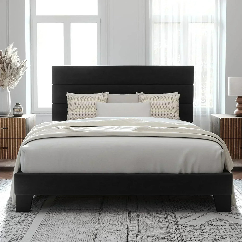 Allewie King size platform bed frame with velvet upholstered headboard and planks wourant
