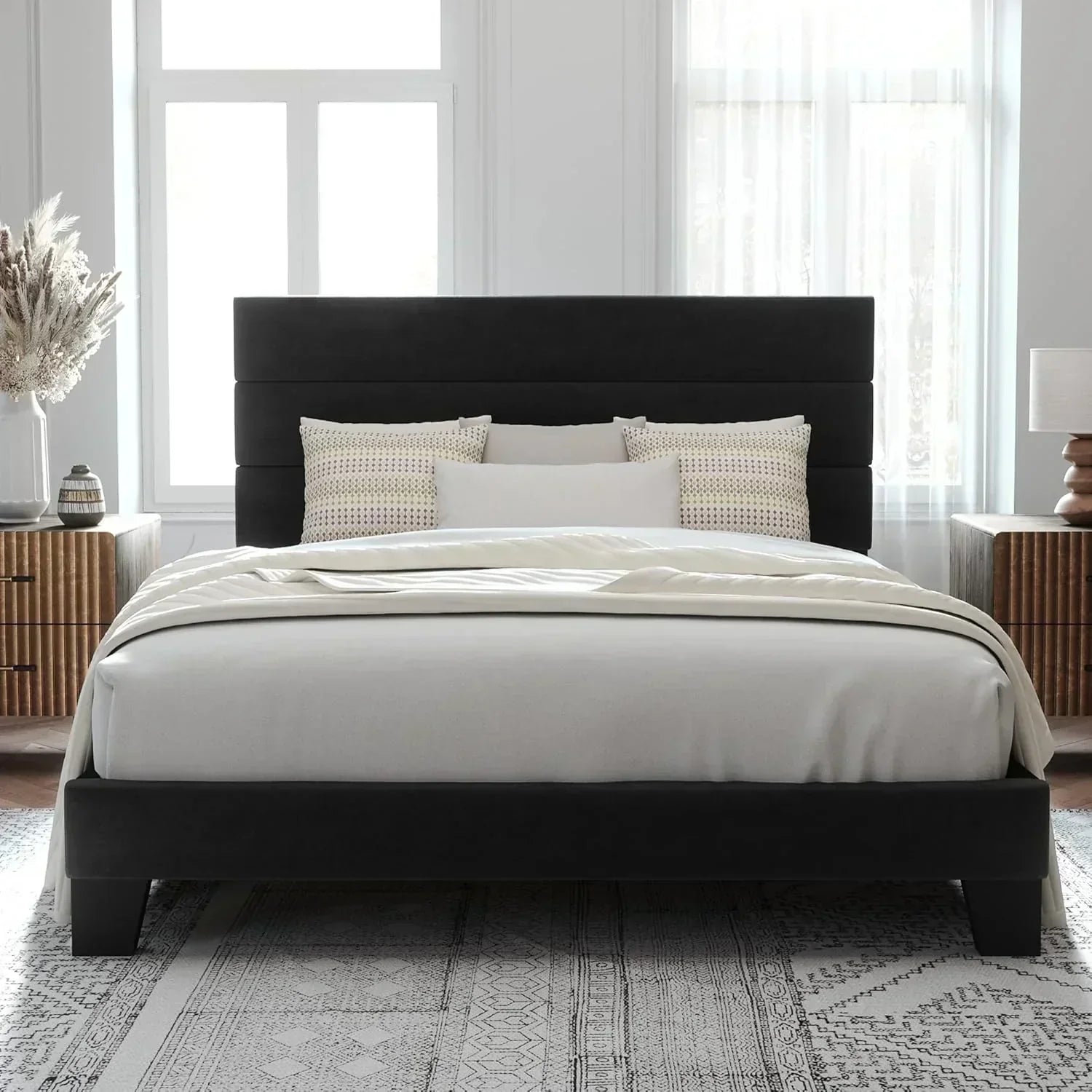 Allewie King size platform bed frame with velvet upholstered headboard and planks wourant