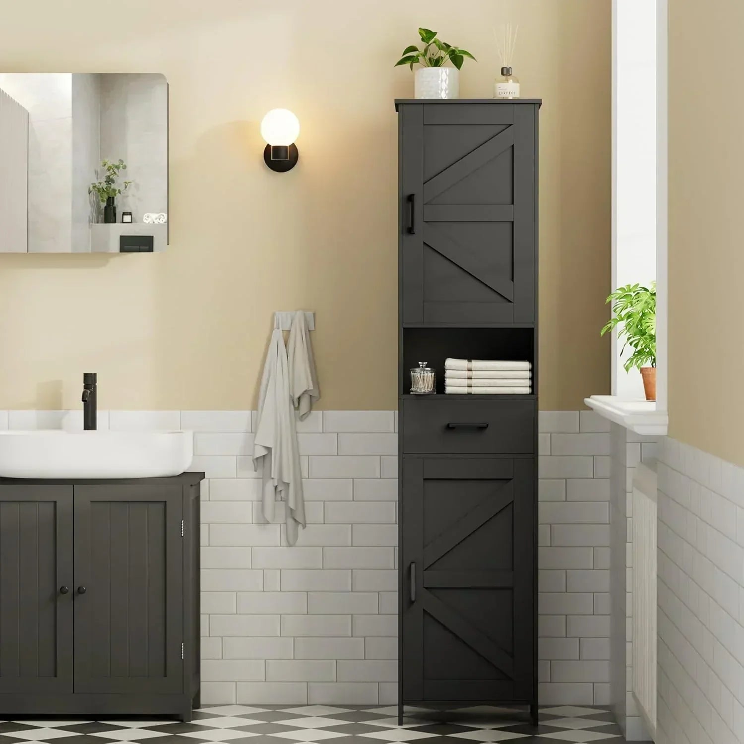 Homhedy 67" H Tall Bathroom Storage Cabinet with 2 Barn Doors and 1 Drawer Narrow Storage Unit wourant