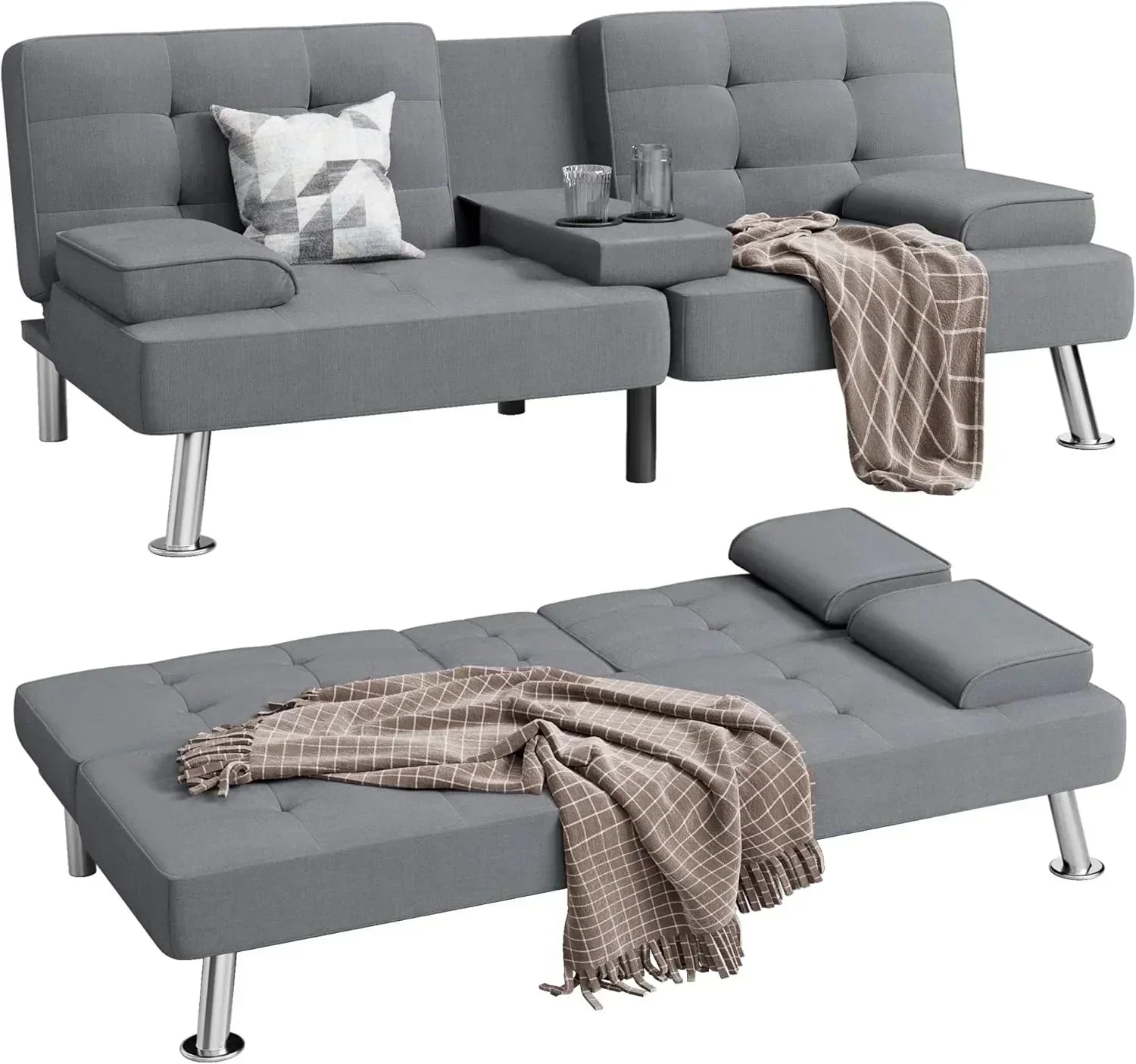 Shahoo Modern Linen Upholstered Convertible Folding Futon Sofa Bed with Removable Armrests wourant