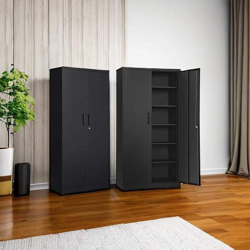 Metal Storage Cabinet with 2 Doors and 6 Shelves Black Metal Cabinet Garage Storage Cabinet wourant