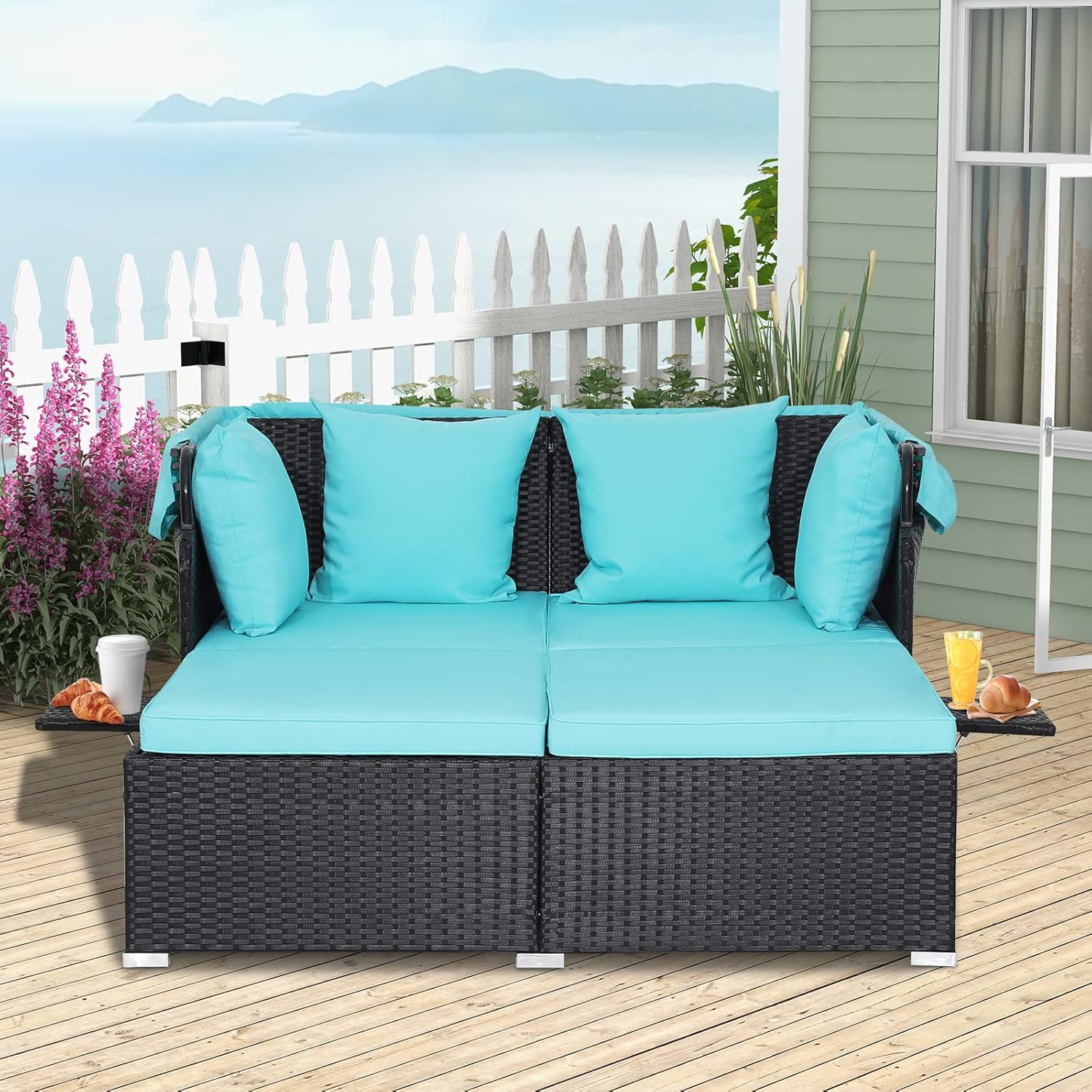RELAX4LIFE Patio Outdoor Daybed with Canopy Wicker Sunbed Cushions 4 Pillows wourant