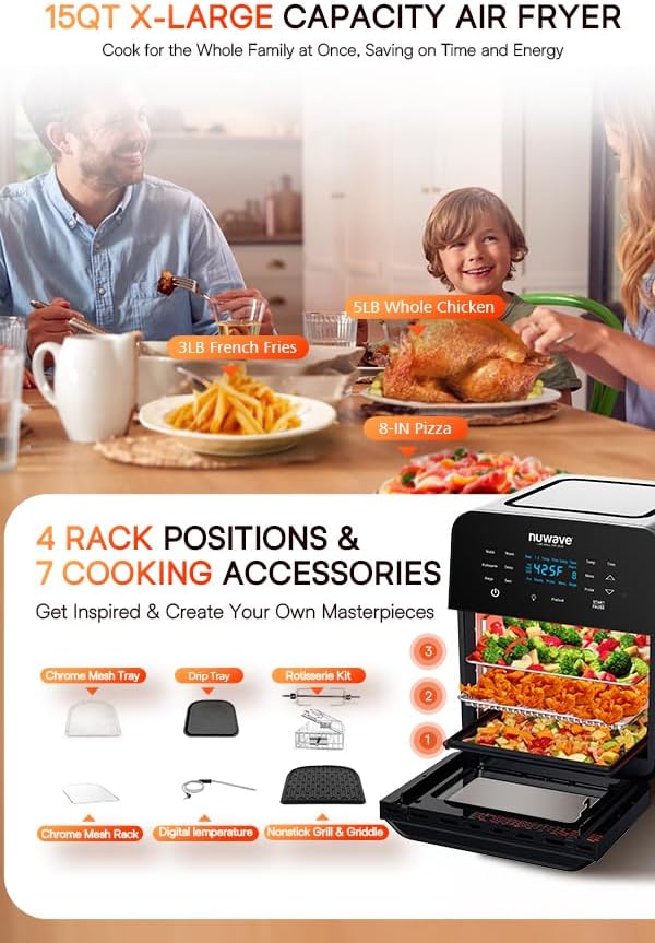Nuwave Brio 15.5Qt Air Fryer Broiler 50°-425°F Temperature Control Integrated Smart Thermometer wourant