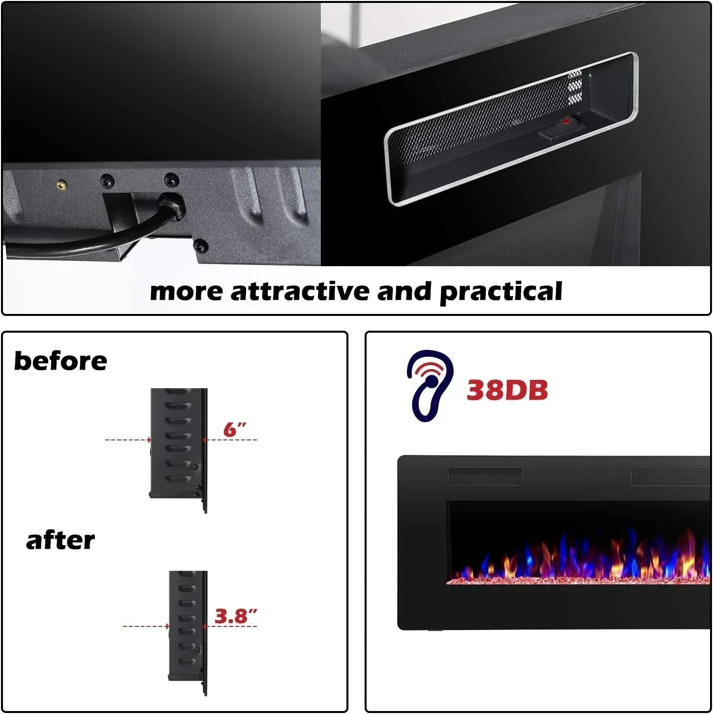 R.W.FLAME 60" Recessed and Wall Mounted Electric Fireplace Low Noise Fit for 2 x 6 Stud wourant