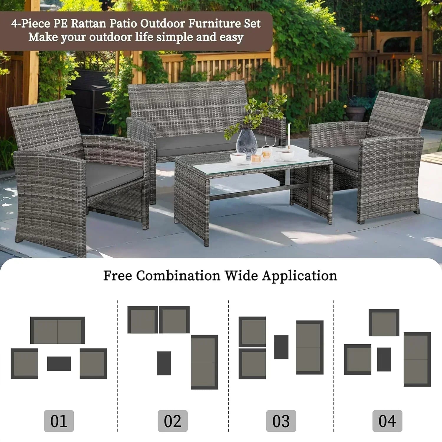 Shintenchi 4 Piece Patio Ratten Set Outdoor Furniture Set Wicker Conversation Set wourant