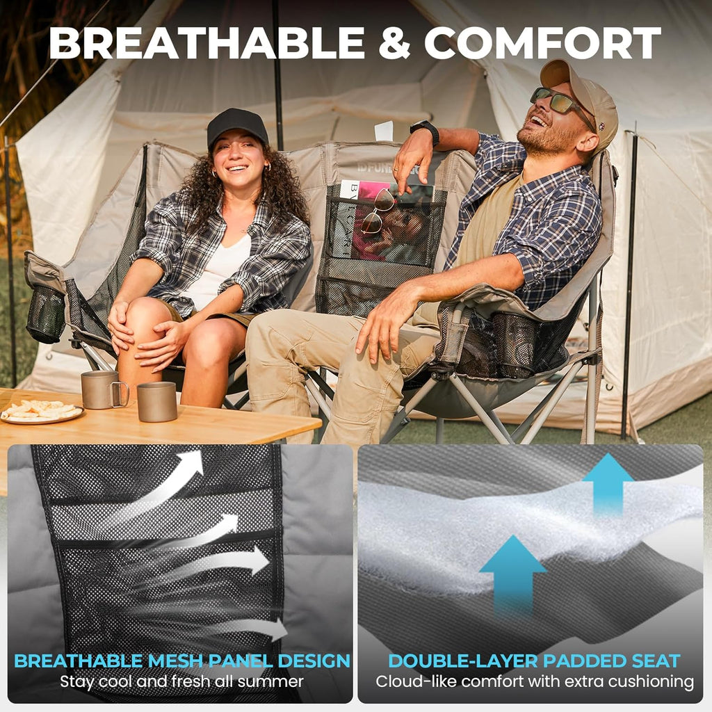 Double Camping Chair Cooler 3-Person Folding Extra Large Camping Chair 1000-Pound Capacity wourant