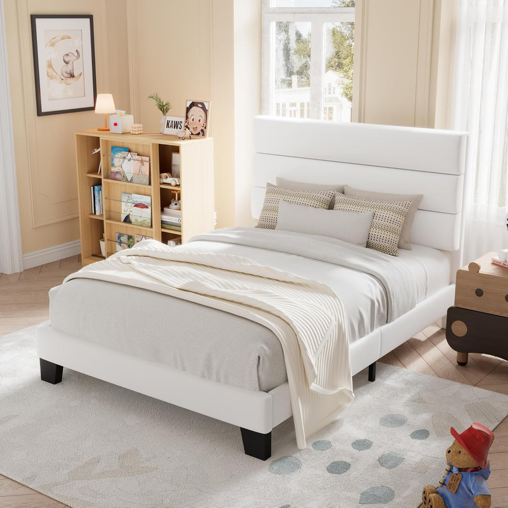 Allewie Queen Size Platform Bed Frame with Fabric Upholstered Headboard Wooden Slats Support wourant