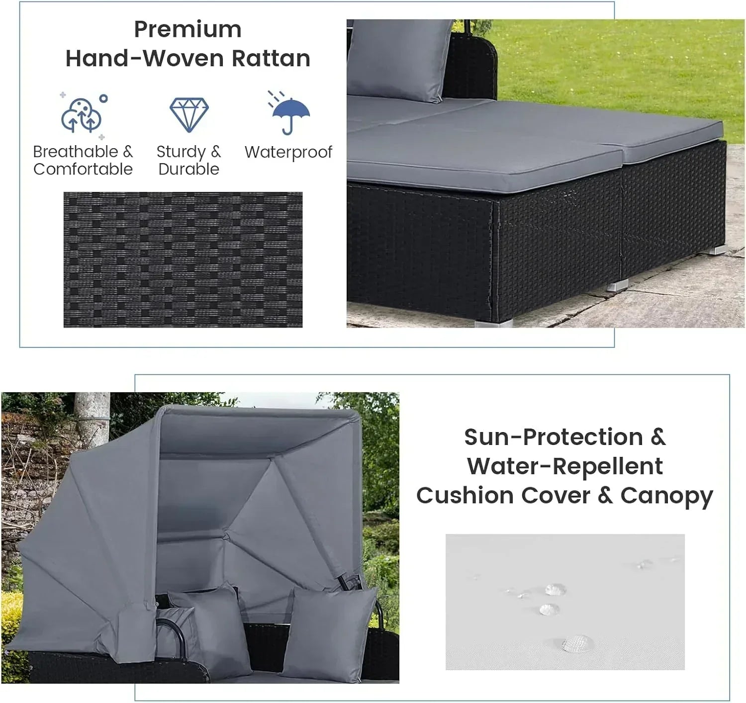 RELAX4LIFE Patio Outdoor Daybed with Canopy Wicker Sunbed Cushions 4 Pillows wourant