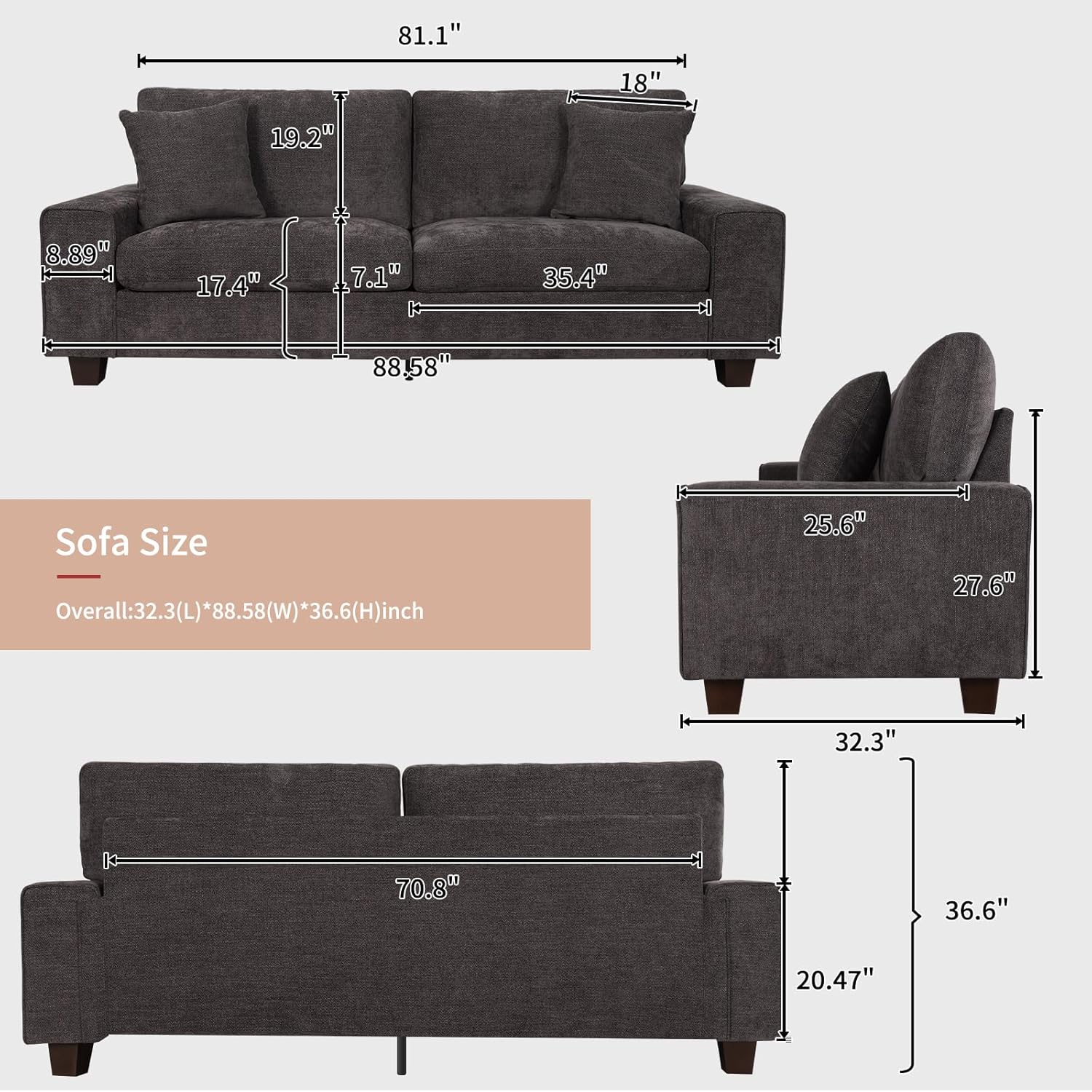 DOPEDIO living room double sofa chenille lounge chair removable solid wood frame wourant